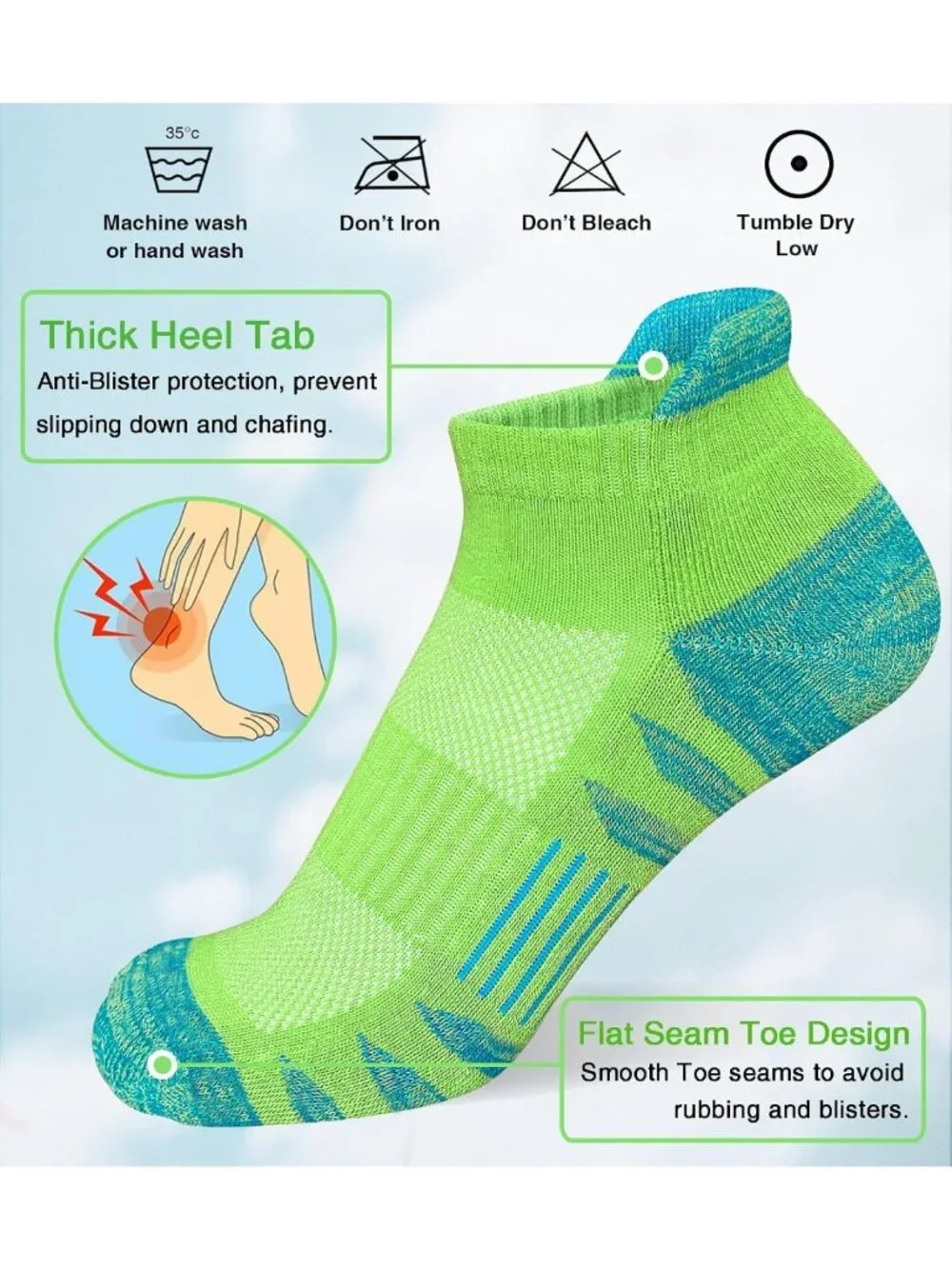 Cushioned Athletic Running Socks for Women, 5 Pairs, Ankle Length, Anti-Blister